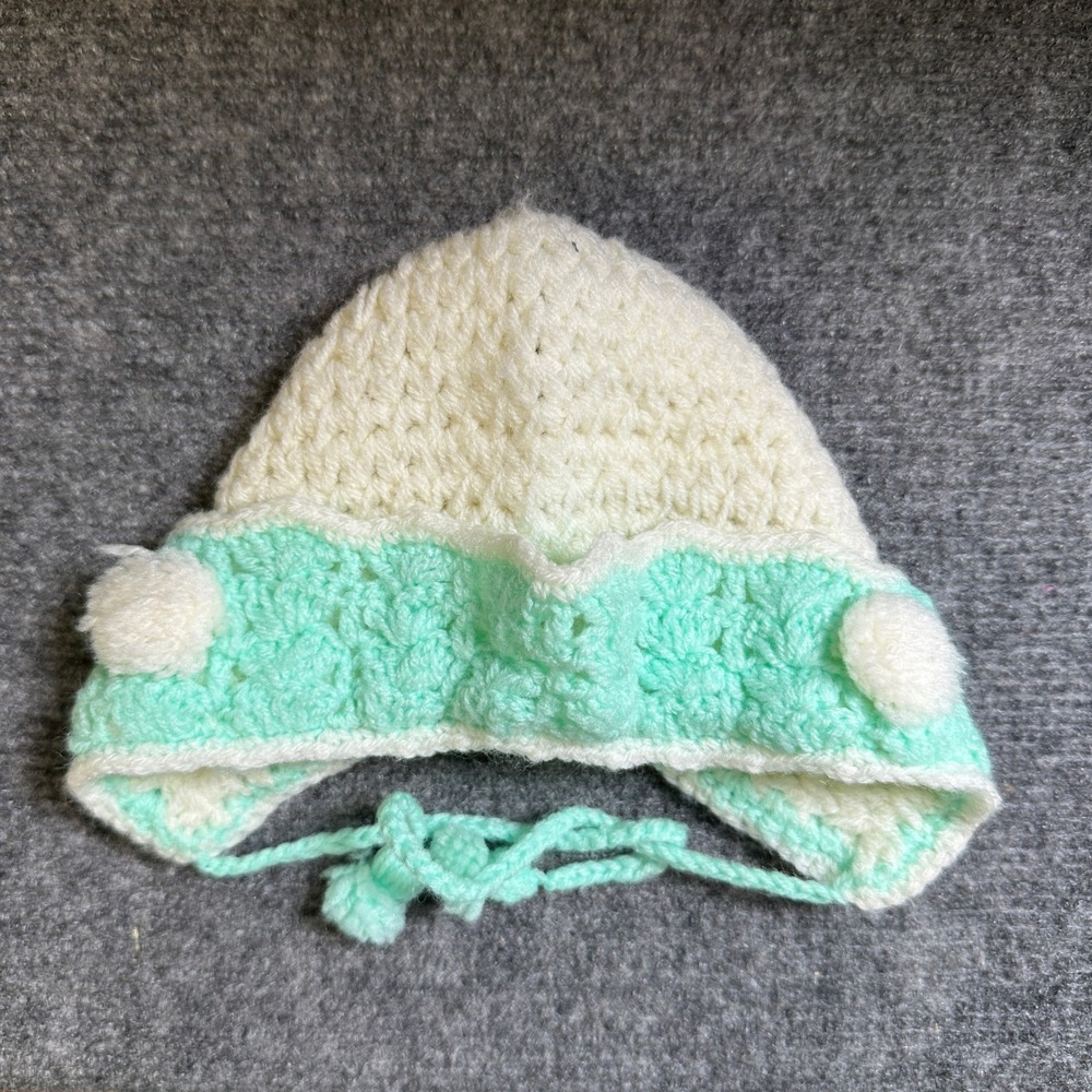Vintage Hand Crochet Baby Bonnet Mint Green Cream Pom Pom Tassel Earflap Hat